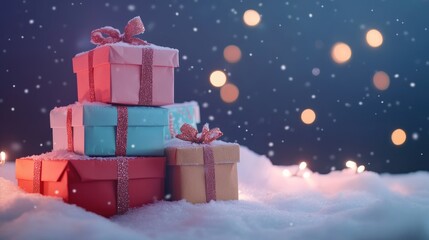 Poster - Colorful Wrapped Christmas Gifts in Pastel Colors on Snowy Night with Soft Bokeh Background Lights and Empty Space for Custom Text