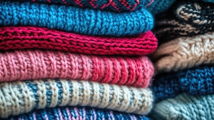 Poster - Colorful knitted sweater stack in shades of blue pink and cream with textured fabric patterns and empty space for creative text overlay
