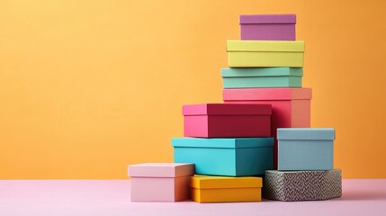 Poster - Vibrant stacked merchandise boxes in pastel hues of pink, purple, yellow, turquoise, and orange against a cheerful bright orange background with empty copy space for promotional text