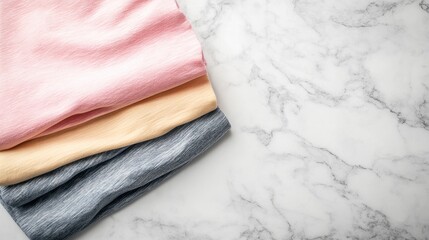 Poster - Colorful stack of folded t-shirts in soft pastel shades of pink, beige, and gray on a light marble background with ample copy space for branding