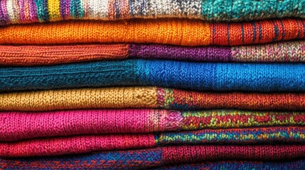 Poster - Vibrant Stack of Textured Knitted Sweaters in Warm Colors Featuring Patterns and Textures with Soft Focus Copy Space for Text