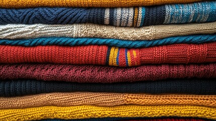 Poster - Vibrant Textured Knitted Sweaters in Rich Colors Stacked Neatly with Warm Hues and Patterns on a Wooden Background Ideal for Cozy Fashion Concepts