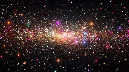 Canvas Print - Vibrant Cosmic Stardust Background with Multicolored Particles in Dark Space Creating an Enchanting Atmosphere and Empty Copy Space for Text