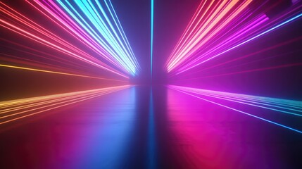 Poster - Vibrant laser light show in a darkened stage setting with vivid blue pink and yellow beams illuminating the floor creating dynamic visual space for text