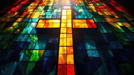 Poster - Vibrant Multicolored Stained Glass Cross in Church Interior with Bright Sunlight Illuminating Colorful Patterns and Empty Space for Text