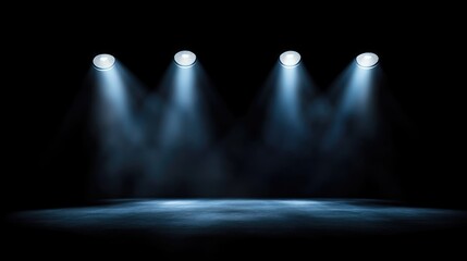 Poster - Vibrant blue spotlight beams illuminating an empty stage with dark background and soft smoke effect for text placement and event promotion.