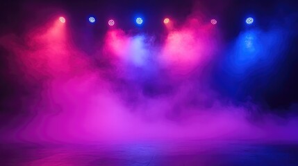 Poster - Vibrant Stage Lighting with Pink Blue and Purple Hues Illuminating a Smoky Atmosphere and Expansive Space for Text and Graphics
