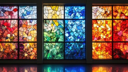 Poster - Vibrant Multicolored Stained Glass Windows Illuminating a Church Interior with Reflective Floor Space for Text in Warm and Cool Hues