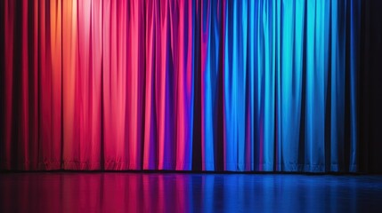 Poster - Vibrant Stage Curtains in Shades of Red and Blue with Illuminated Lighting Reflecting on Glossy Floor for Text Placement in Performance Venue