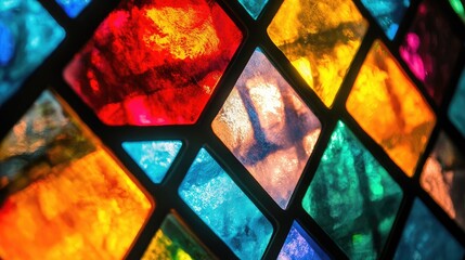 Poster - Vibrant stained glass window in rich hues of red, blue, and orange casting luminous reflections on a textured surface with space for text.