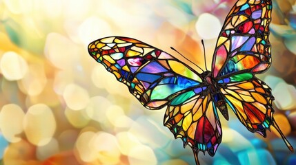 Wall Mural - Vibrant stained glass butterfly with intricate patterns against a soft bokeh background in warm hues featuring ample empty space for text.