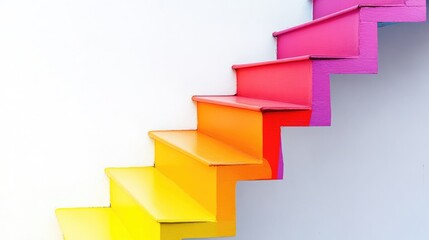 Poster - Vibrant Rainbow Staircase in Gradient Shades of Pink, Orange, and Yellow against a Minimalist White Background with Copy Space for Text