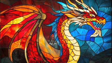 Poster - Vibrant Stained Glass Artwork with Majestic Red Dragon Motif Set Against a Blue and Orange Abstract Background with Negative Space for Text