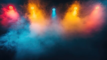 Poster - Vibrant stage lights in red, blue, and yellow soaring through dense fog in a darkened venue creating a dramatic ambiance with ample copy space.