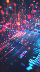 Fototapete - Data streams flowing across electronic circuit board, visualizing digital connectivity, technological innovation, computational progress