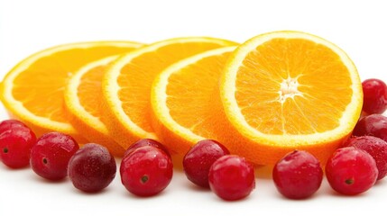 Poster - Vibrant Still Life Arrangement of Fresh Orange Slices and Red Berries on Bright White Background Ideal for Text Placement