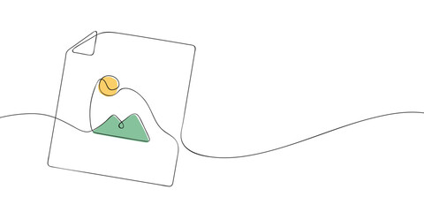 Poster - A single line drawing of a file with picture symbol. Continuous line gallery icon in color. One line icon jpg file. Vector illustration.