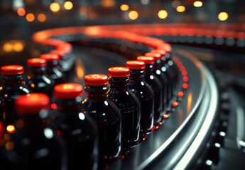 Poster - Industrial Beverage Bottling Process on a Conveyor Belt with Lucid Background Lights Creating an Engaging Atmosphere in a Factory Setting