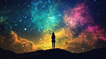 Poster - vibrant cosmic night sky digital artwork featuring silhouette against colorful nebula and stars with