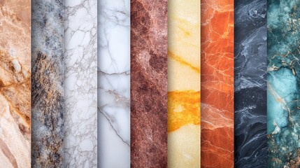 Poster - Colorful marble stone background displaying varied textures of onyx, granite, and quartz with rich patterns and ample empty space for design elements.