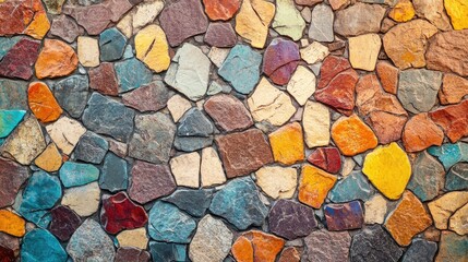 Poster - Colorful Mosaic Stone Wall Textured Background in Vibrant Earth Tones Ideal for Copy Space and Design Projects