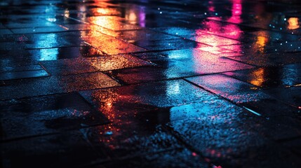 Poster - Vivid Colorful Reflections on Wet Cobblestone Surfaces in Urban Night Scene with Dark Blue and Pink Luminescence and Space for Text