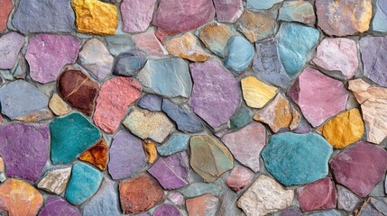 Poster - vibrant multicolored stone wall background in wide panorama view featuring empty copy space for text