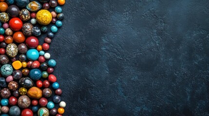 Poster - Vibrant Multicolored Stone Beads Lying on a Dark Textured Background with Ample Copy Space for Creative Text Placement