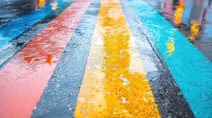 Poster - Vibrant Colorful Streaks on Wet Asphalt Surface with Reflections in Urban Environment and Ample Space for Text Integration