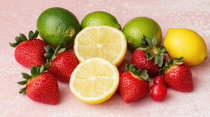 Poster - Vibrant strawberries lemons and limes arranged on soft pink surface with fresh fruit composition and ample copy space for textè®¾è®¡