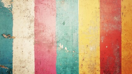 Poster - Vibrant Multi-Colored Striped Texture on Weathered Thermal Surface Ideal for Copy Space Featuring Shades of Pink Blue Yellow and Red