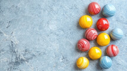 Poster - Colorful striped marbles in vibrant red yellow blue and white arranged on a textured smooth gray surface with ample copy space for text