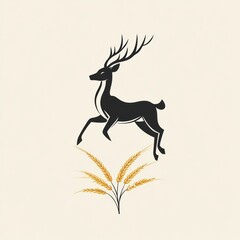 Canvas Print - Black deer jumping over wheat stalks on a light beige background, for print media