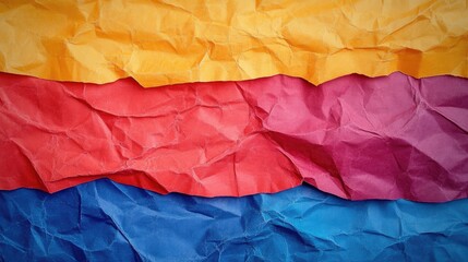 Poster - Textured Striped Background with Creased Crumpled Red Orange Yellow Blue and Purple Paper Layers on a Soft Surface for Empty Copy Space