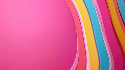 Poster - vibrant curved stripes in yellow pink blue and orange on soft pink background with ample copy space 