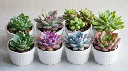 Poster - Vibrant assorted succulent plants in white ceramic pots arranged symmetrically on a soft textured light background with ample copy space for text