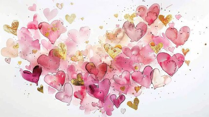 Wall Mural - A watercolor painting of many pink and gold hearts 