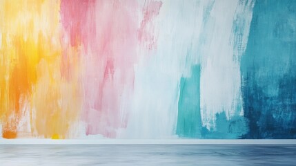Poster - Vibrant Abstract Painted Wall Texture with Colorful Strokes in Yellow Pink Aqua and Soft Gray Floor Space for Creative Background and Text Placeholder