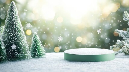Poster - Colorful blurred bokeh background with green podium, snow-covered texture, and flying Christmas tree decorations in a festive setting