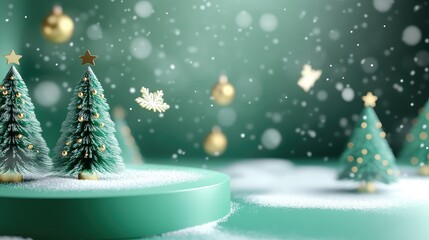 Poster - Festive green podium adorned with miniature Christmas trees and gold ornaments amidst a snowy bokeh background with soft blurred effects for holiday themes