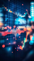 Leinwandbilder - Financial graph showing upward trajectory, blurred urban skyline symbolizing economic growth and market momentum