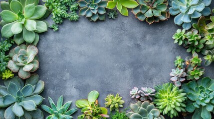 Poster - vibrant succulent plant arrangement in various greens and blues on dark gray textured background wit