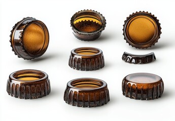 Poster - Multiple Vintage Beer Bottle Caps Arrangement in a Studio Setting, Highlighting Their Unique Shapes and Textures for Creative Uses in Design and Marketing