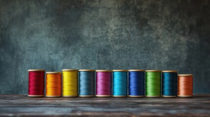 Poster - Colorful thread spools arranged on wooden surface in textile workshop with blurred green and blue textured background and empty copy space for text