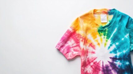 Poster - Colorful Tie Dye T-Shirt Displayed on White Background Vibrant Fashion Piece with Negative Space for Custom Text and Branding