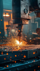 Poster - powerful industrial laser cutter generating sparks while accurately processing metal sheet in modern