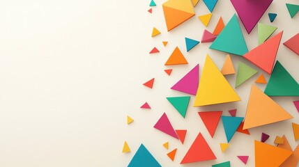 Poster - Colorful Triangles in Vibrant Shades of Orange Pink and Green on Light Neutral Background with Generous White Copy Space for Text