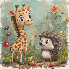 Wall Mural - A giraffe and a hedgehog are standing in a field of flowers