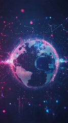 Aufkleber - Digital world map rotating and generating connections with colorful lights and plexus effect, perfect for technology and communication projects