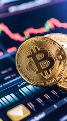 Poster - Cryptocurrency coins on a digital stock chart display.